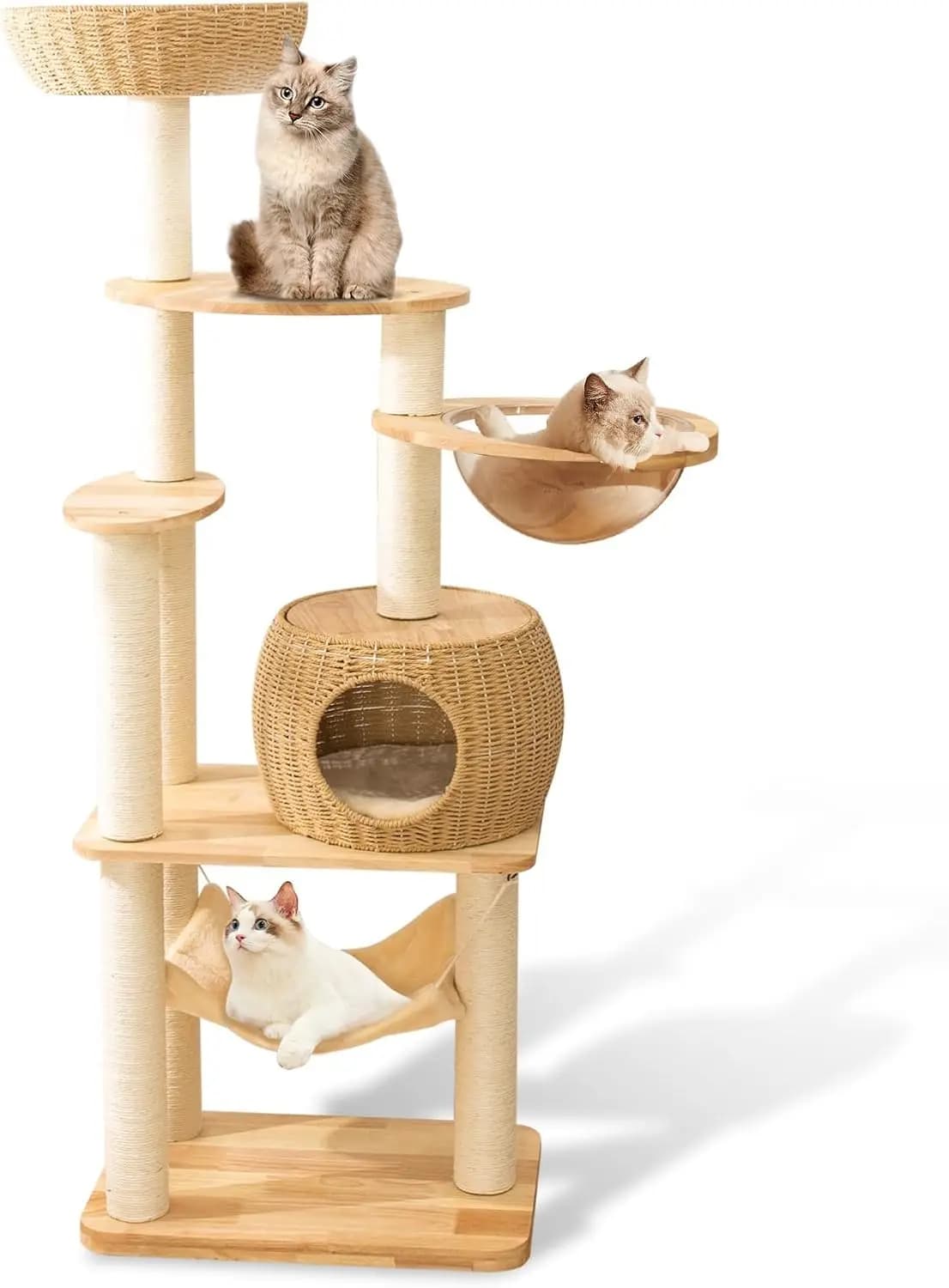 Grande Albero per Gatti Moderno con Posti di Tiraggio in Sisal, Cuccia Multilivello e Capsula Spaziale per Gatti da Interno