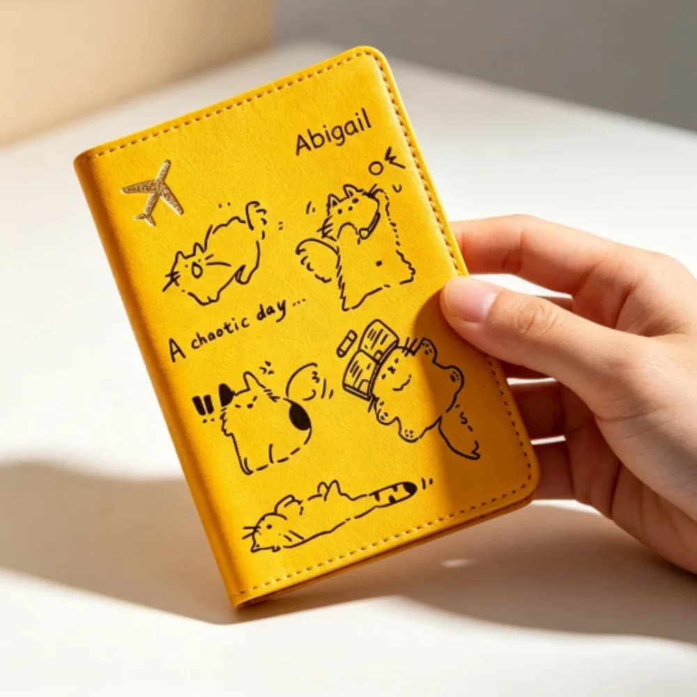 Personalized Custom Name PU Passport Holder, Cute Cartoon Cat Design, Multifunctional Printed Document Protector