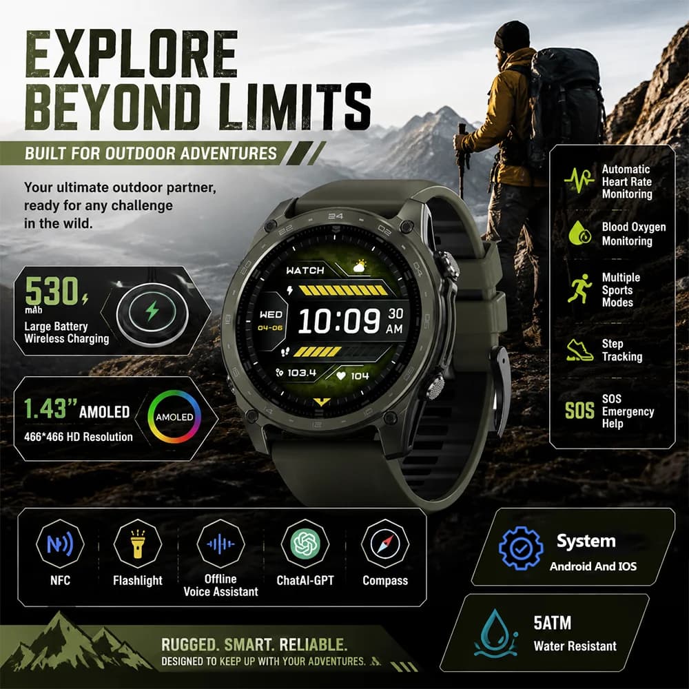 Men Smart Military Watch 2026 1.43 Inch AMOLED Screen 530mAh Large Battery Bluetooth Calling 5ATM Waterproof Altitude Compass
