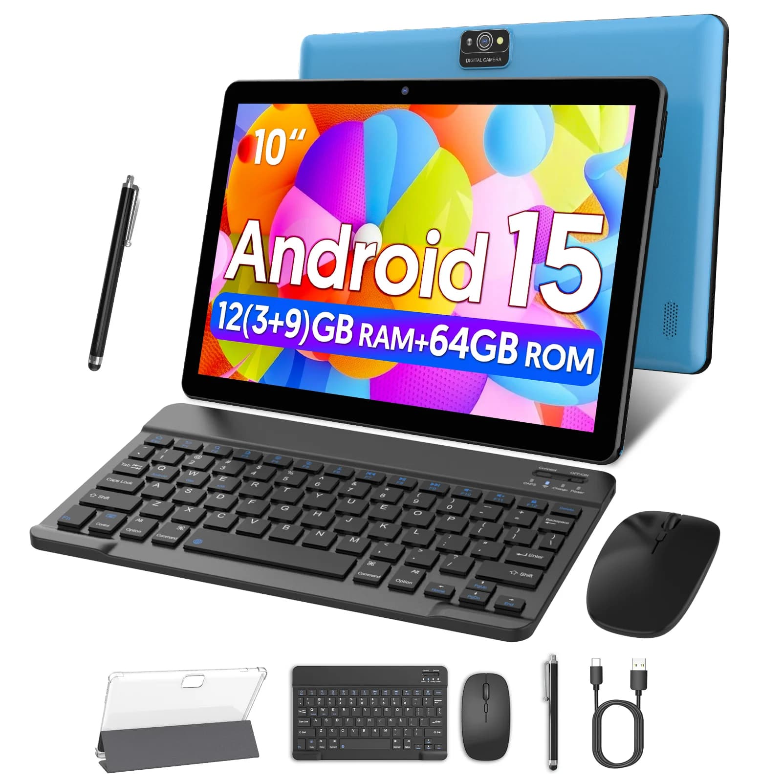 Android Tablet 15, 10.0 inch screen, quad-core processor, 12 GB RAM (3 GB+9 GB), 64 GB storage, 2 MP+8 MP dual camera, 6000 mAh