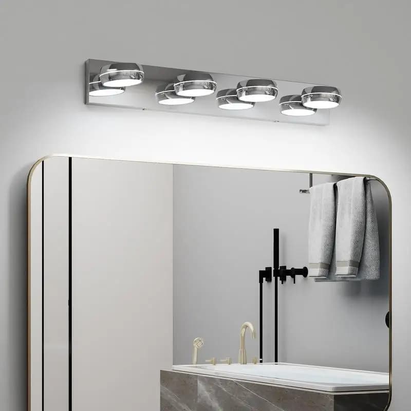 Lampada da toeletta a LED da 28 pollici per bagno, barra da bagno cromata a 4 luci, illuminazione moderna a specchio, luce da 18 W sopra lo specchio