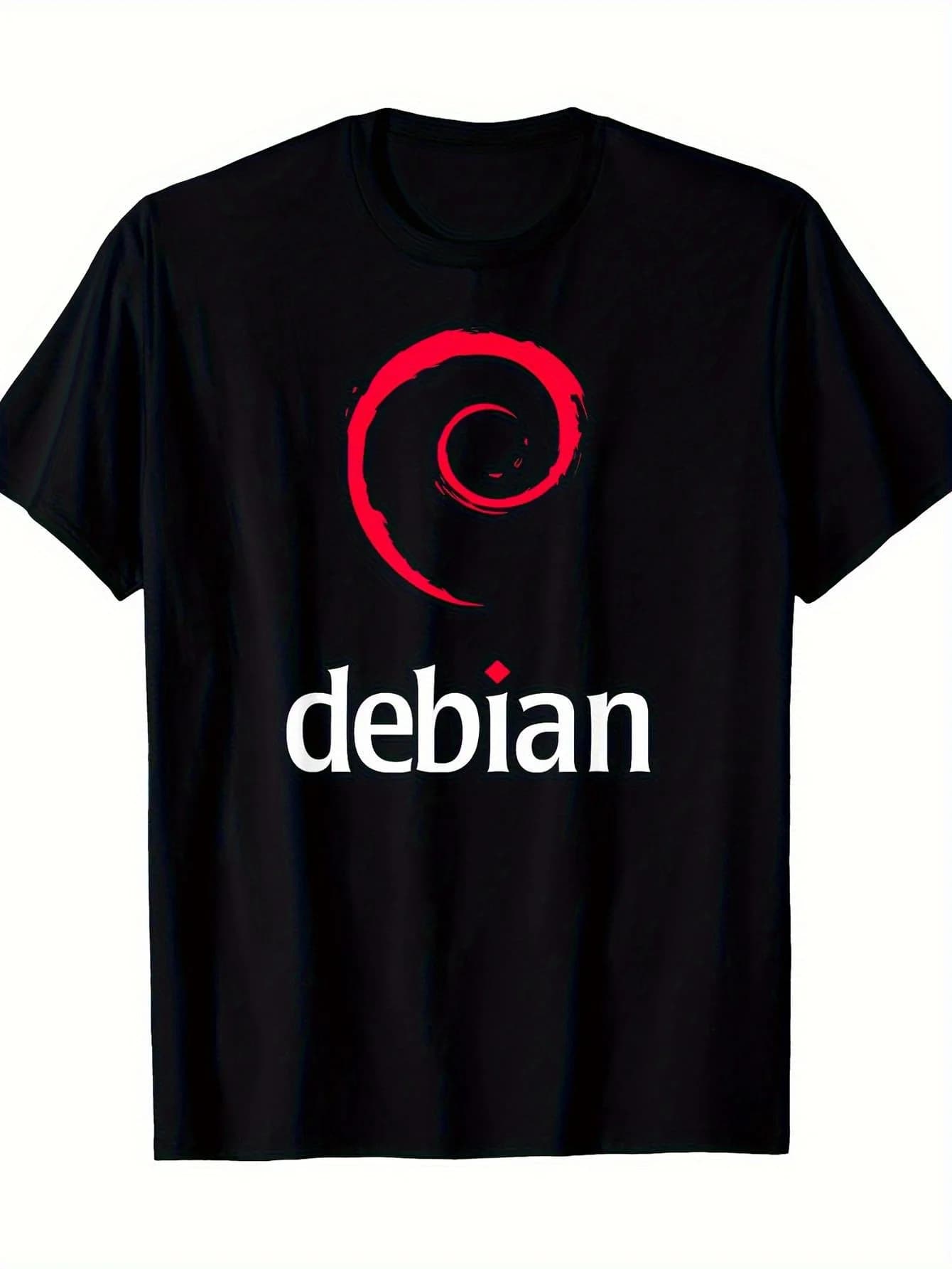 LocalMen'S T-shirt grafica casual Debian Linux - T-shirt nera in cotone 100% con design a spirale rossa, girocollo a maniche corte