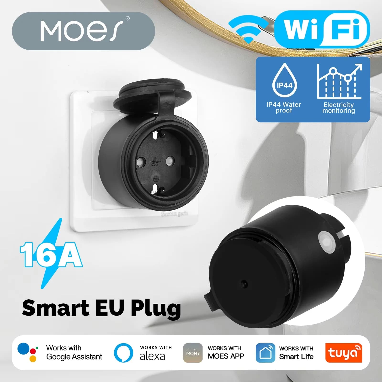 MOES Presa Intelligente WiFi Tuya IP44 Impermeabile 16A EU con Monitoraggio Consumo Elettrico Compatibile con Alexa Google Home
