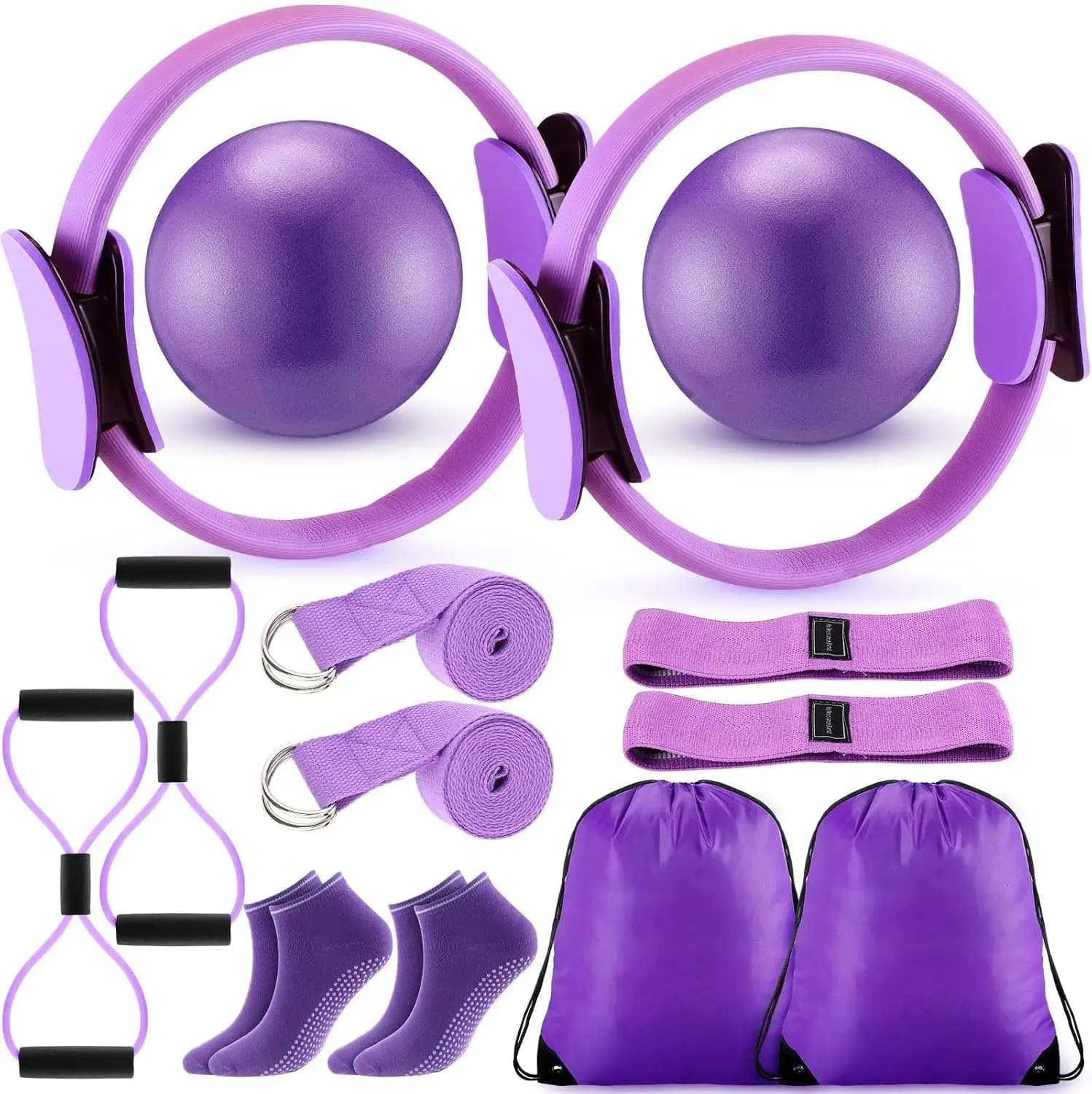 12\" Pilates Ring & Ball Set for Women Home Workout Yoga Kit with Bands, Strap, Socks, Bag