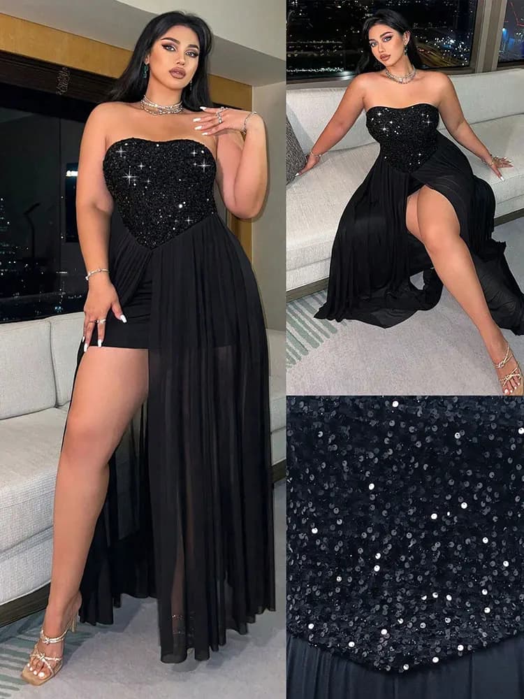 New Elegant Dress With Strapless Strap With Sequins Strong Size Long Evening Dresses For Women's Party Long Summer Dress For Wedding Vacation Fluid Black