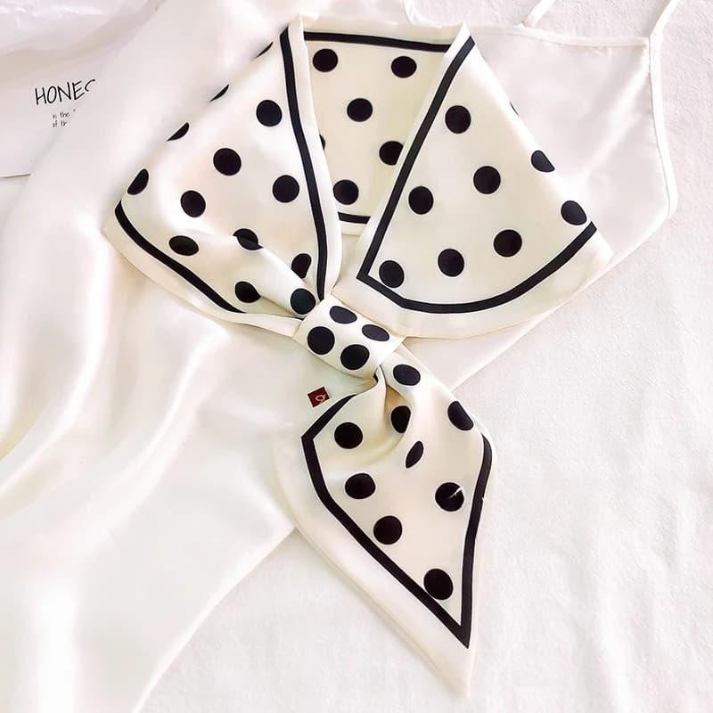 Foulard Coreano in Seta a Pois con Fibbia Decorativa, Mini Foulard in Seta per Capelli, Foulard Piccolo in Finta Seta Primaverile