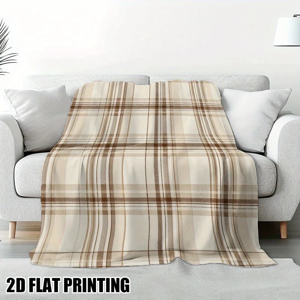 Coperta in flanella scozzese vintage, accogliente, calda, beige, marrone, quadri scozzese, morbido poliestere per la casa o il viaggio, coperta per letto