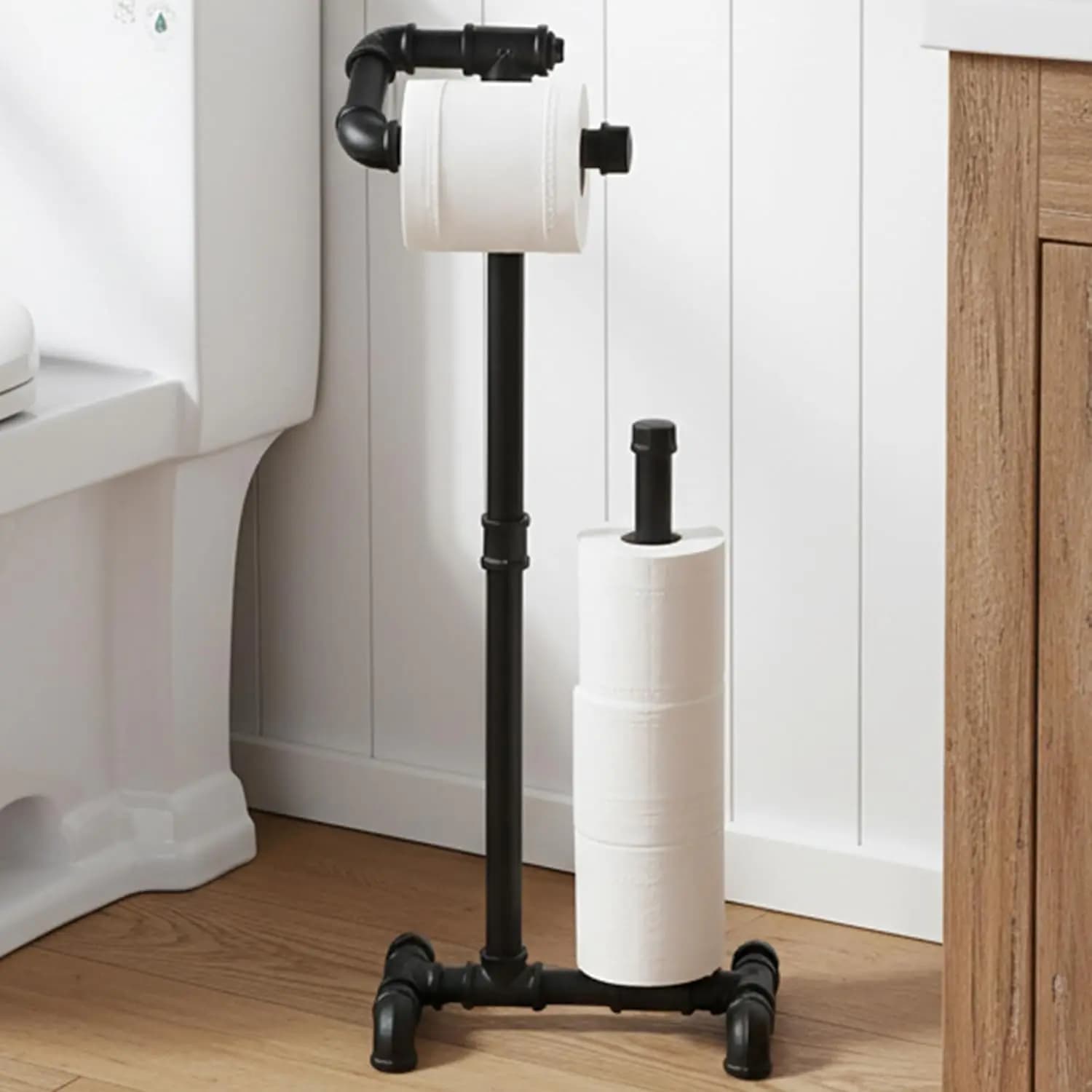 Portarotolo rustico con riserva, supporto industriale in tubo stile rustico per bagno, colore nero