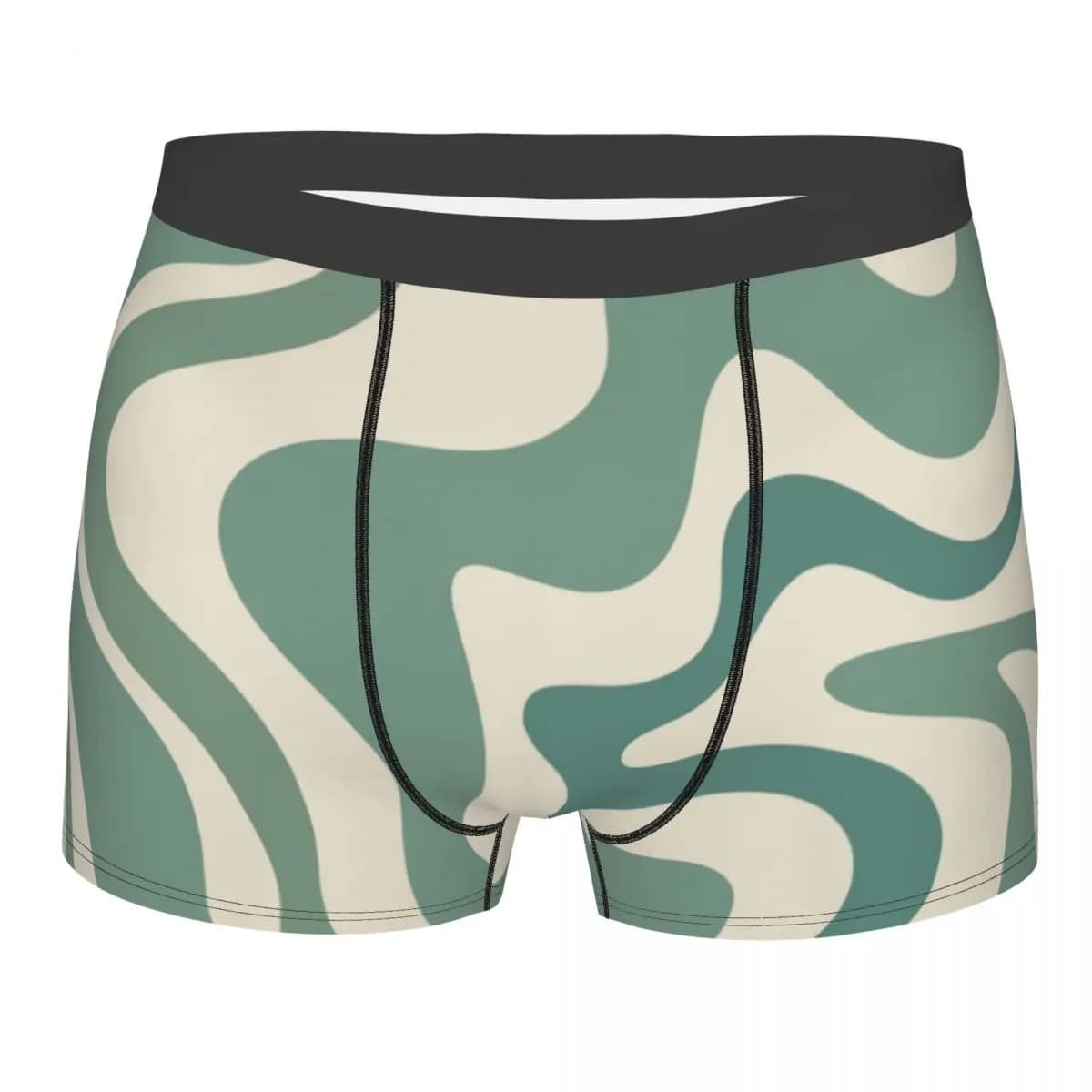 Motivo astratto personalizzato con spirali liquide in biancheria intima color eucalipto e salvia, boxer elasticizzati da uomo