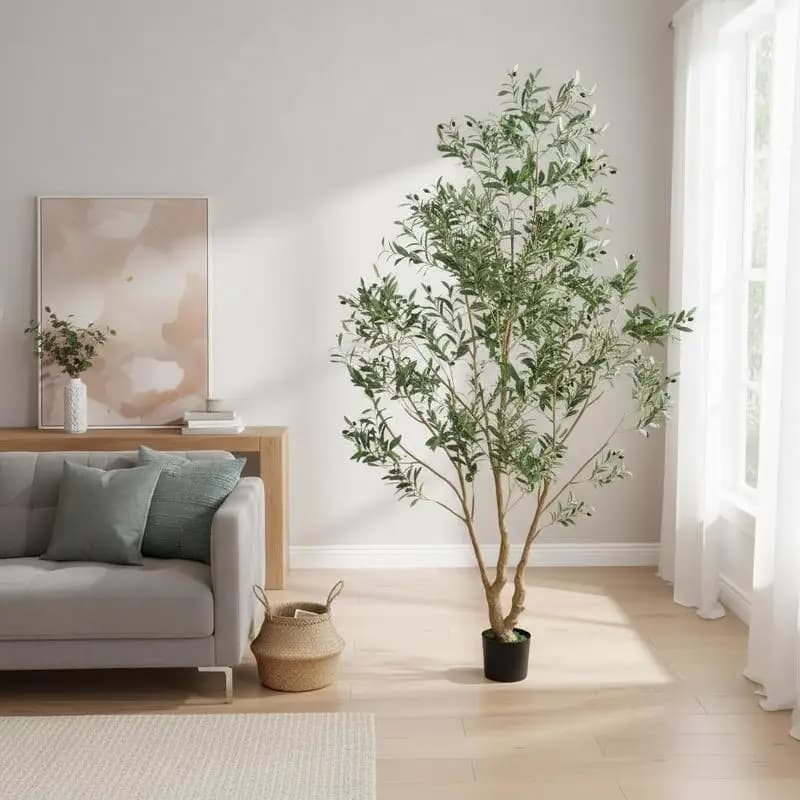 Pianta di ulivo artificiale da 2,4 m in vaso per casa, ufficio, soggiorno, angolo, tronco in legno naturale, foglie verdi realistiche, frutti, altezza 2,4 m, albero decorativo in seta sintetica, decorazione da interno.