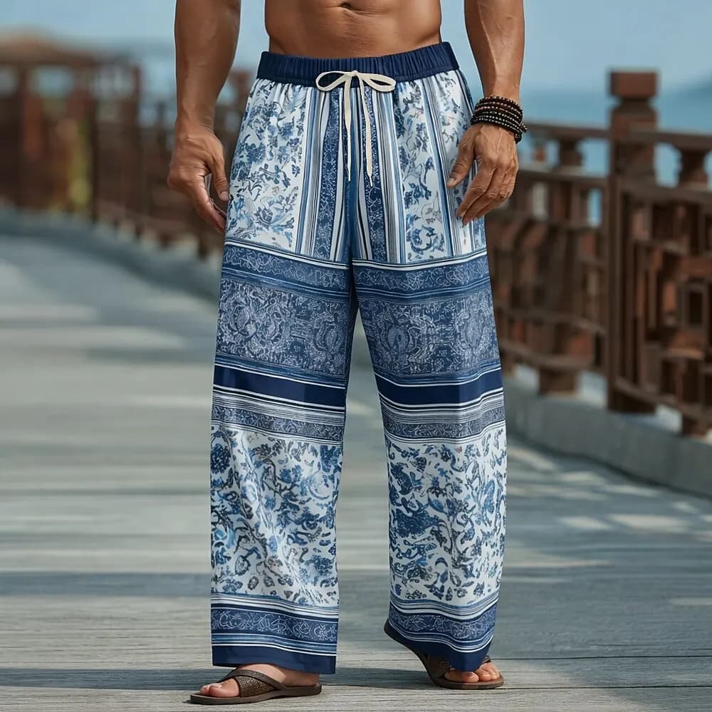 Men's 3D Floral Ethnic Print Casual Pants, Baggy Mid Waist, Elastic Drawstring Waist, 2026 Spring Summer Vacation Pants
