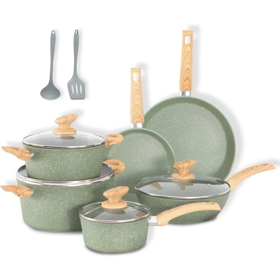 12-piece non-stick granite kitchen cookware set for efficient kitchen on induction stoves includes pans and saucers