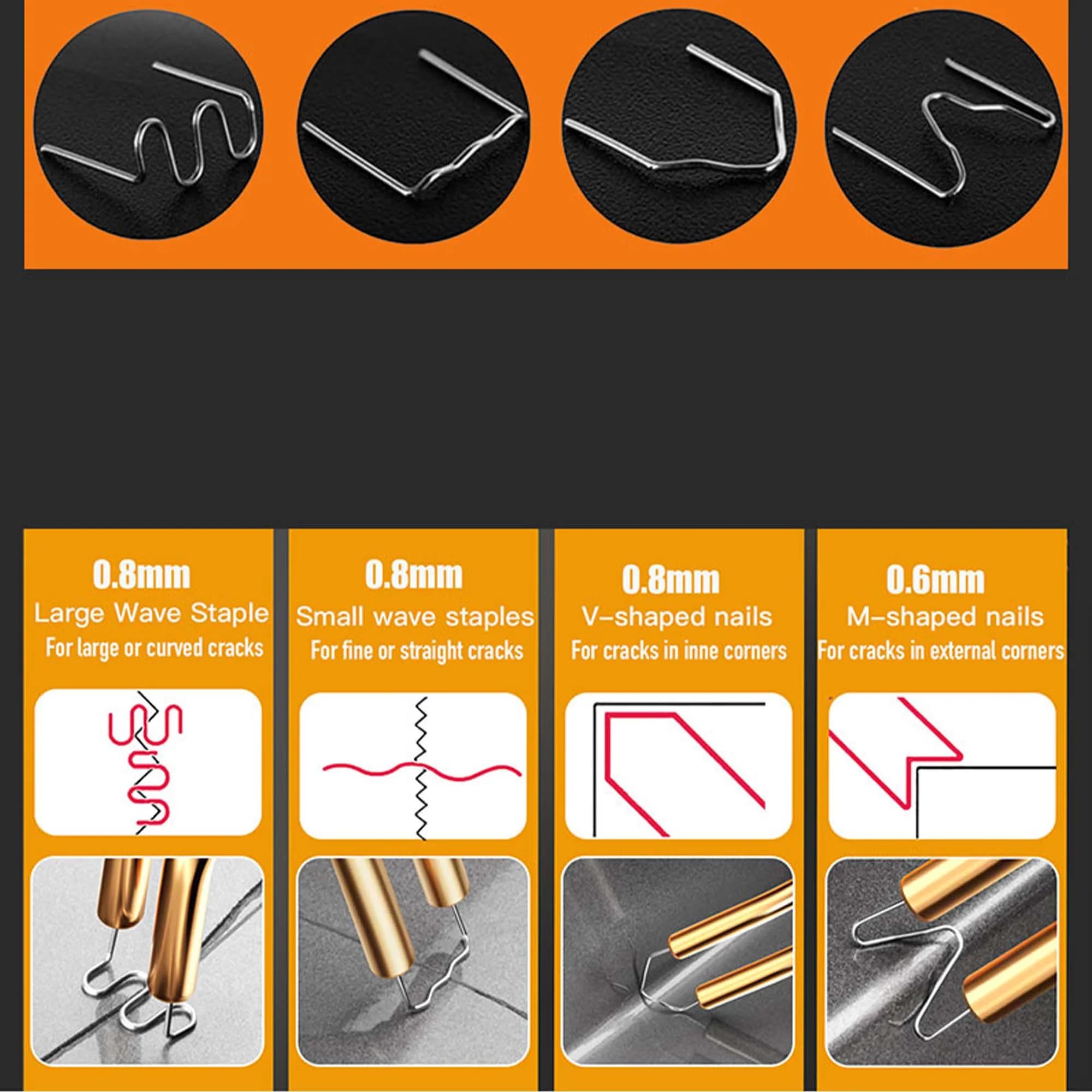 Kit 400 Pezzi Graffette per Saldatura a Caldo, Chiodi per Saldatura Plastica, Pistola per Riparazione Paraurti Auto, Graffette a Onda S e Piatte a M