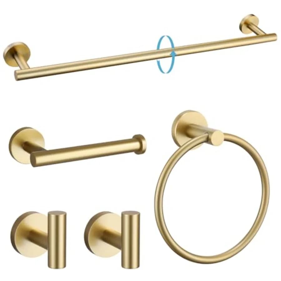 Set di Accessori Bagno 5 Pezzi in Acciaio Inox SUS304 Oro Spazzolato, Porta Asciugamani da 24 Pollici, Kit Accessori Bagno Rotondi