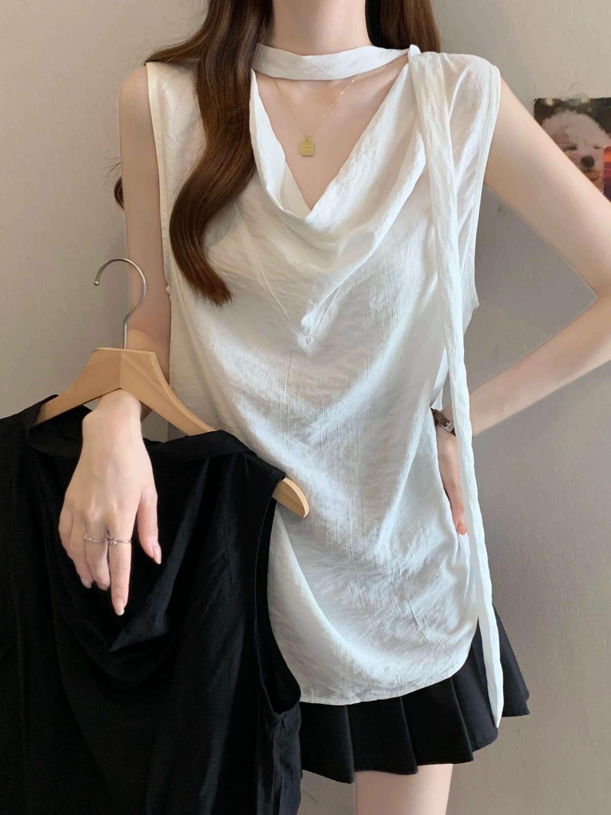 T-shirt Senza Maniche Larga Estiva Nuovo Stile Coreano Collo Ampio Elegante Versatile Top Moda Donna Traspirante