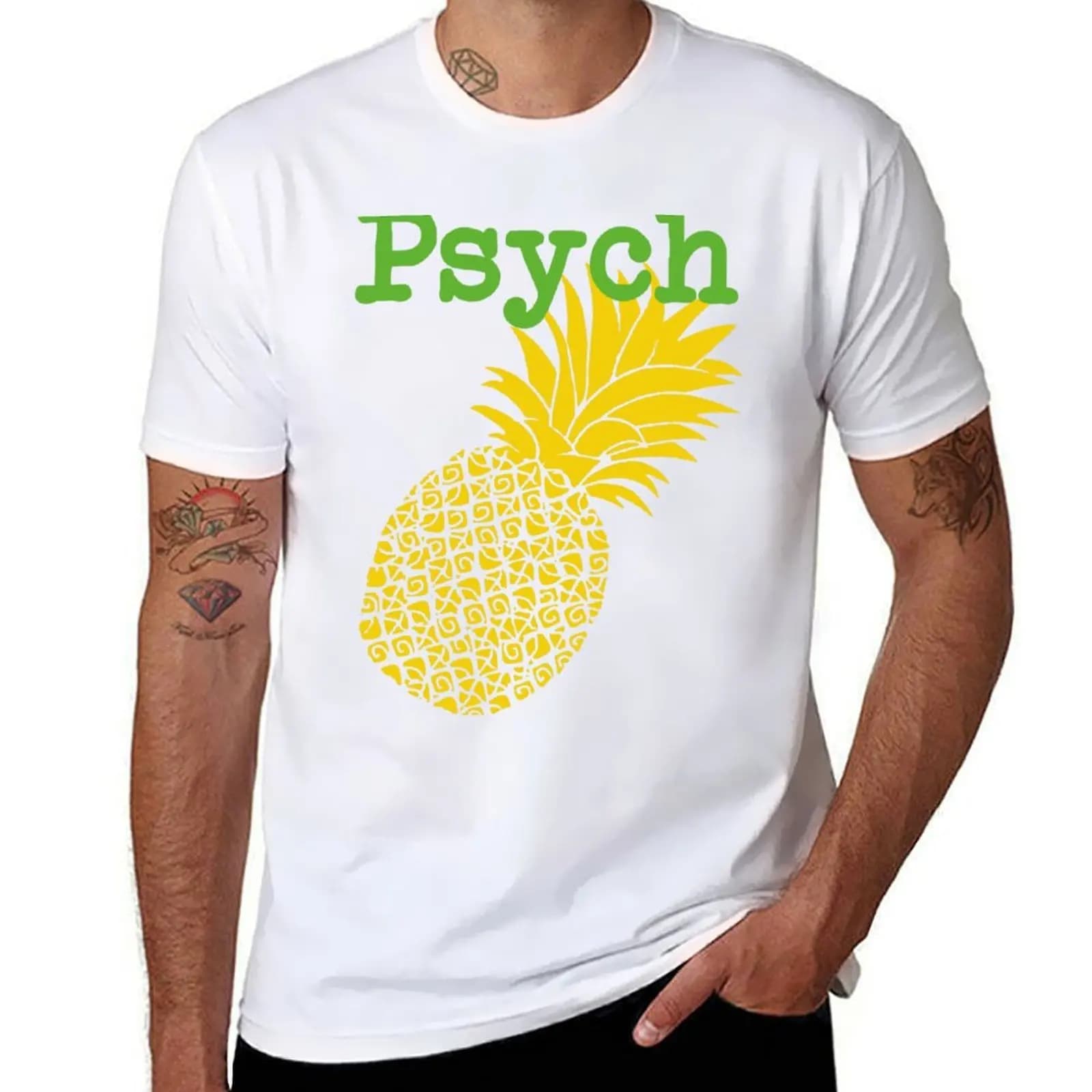 Minimalista Psych TV Show Cultura pop Giallo lime Divertimento Verde Ananas T-shirt maglietta in cotone 100% maglietta da uomo in cotone 100% T-shirt
