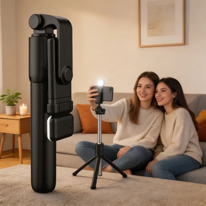 Treppiede Portatile Bluetooth per Selfie con Luce di Riempimento e Telecomando, Supporto Estensibile e Retrattile per Telefono