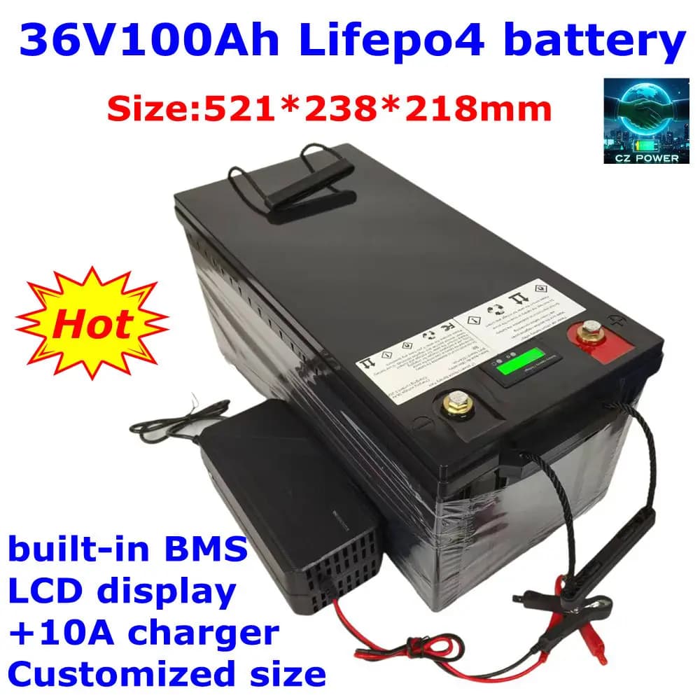 Batteria al litio CZ 36V 100Ah Lifepo4 con BMS1800W 3600W per sistema solare per auto Gof Barca a motore da traina + caricabatterie da 43,8 V 10A