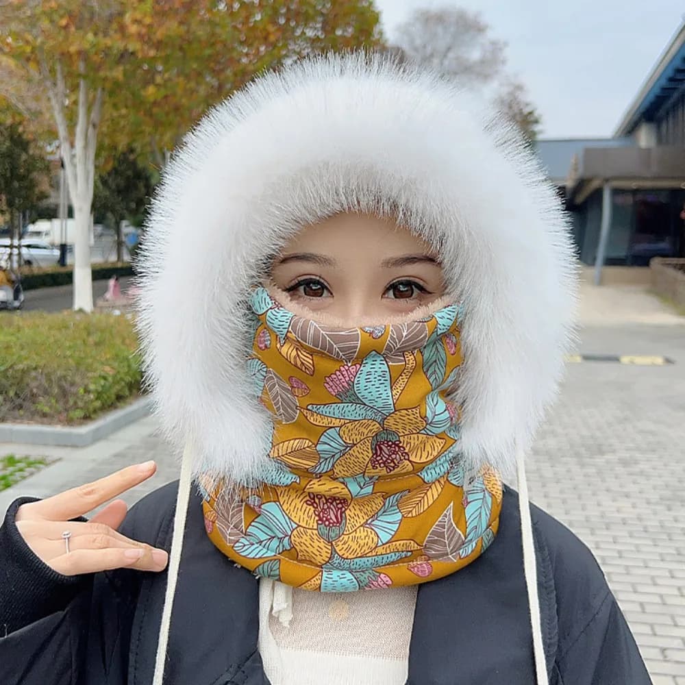 Windproof 3-in-1 Winter Cycling Hat Flower Print Plaid Warm Scarf Face Mask Cold Resistant Neck Warmer Lei Feng Hat Women