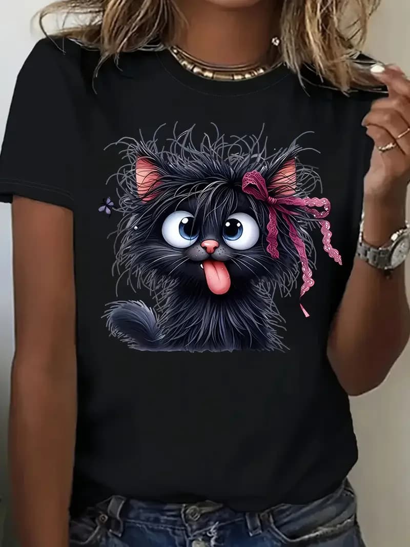 T-shirt da donna divertente cartone animato gatto fritto con fiocco giocoso stampa farfalla T-shirt casual da donna a maniche corte T-shirt da donna