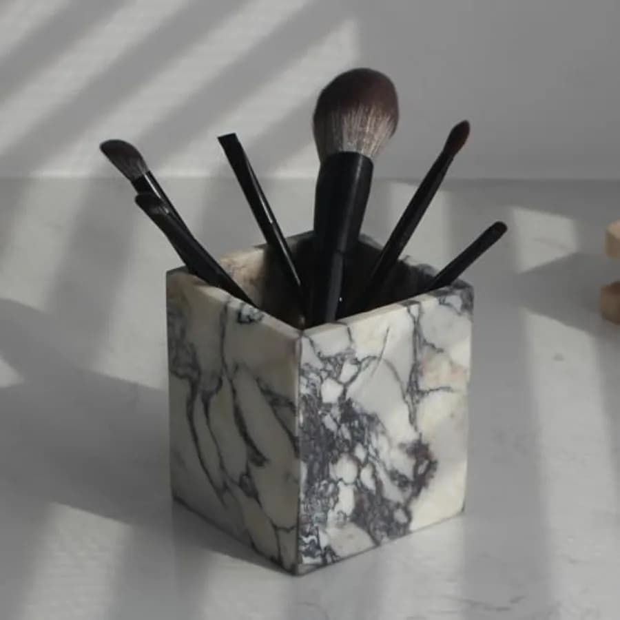 Portaspazzolini in Vero Marmo per Bagno, Porta Pennelli da Trucco in Marmo Naturale, Organizzatore da Bancone