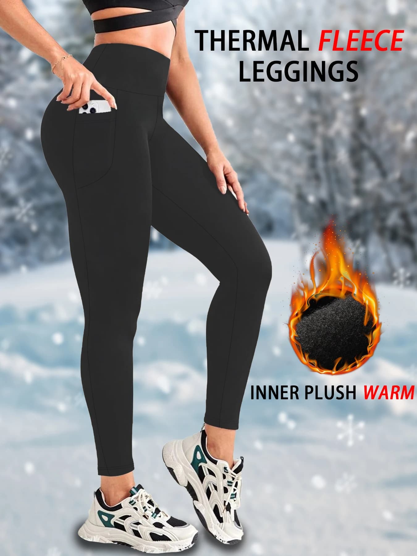 Women's Thermal Leggings with Pile Lining, High Waist with Pockets, Winter Hot Pants for Training, Soft Yoga Pants and Running