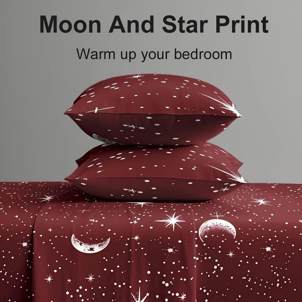 4Pcs Red Moon And Star Print Microfiber Bed Sheet Set Deep Pocket Fitted Sheet