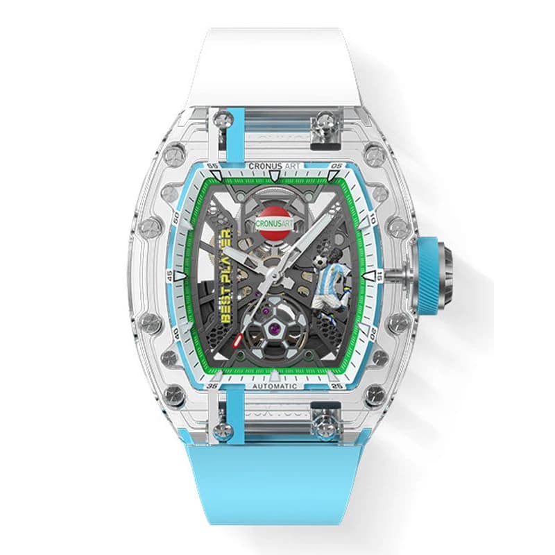 Orologio Automatico da Uomo CRONUSART 50MM Tonneau Meccanico con Cassa e Vetro K9, Cinturino in Fluororubber Luminoso, Quadrante a Tema Calcio