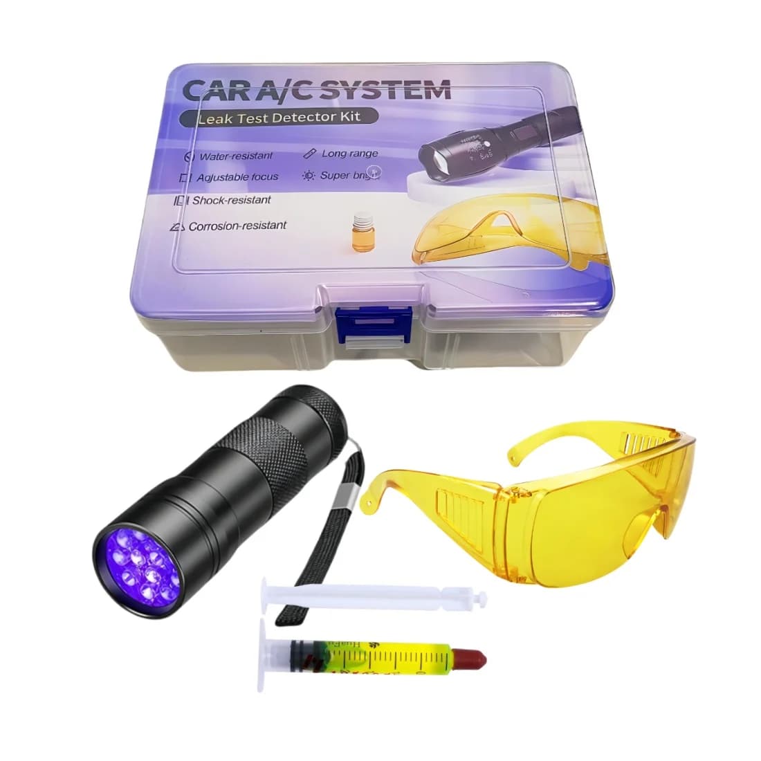 12 LED Flashlight UV Protective Glasses Set of UV dyeing tools Air conditioning for car A/C system leak test kit
