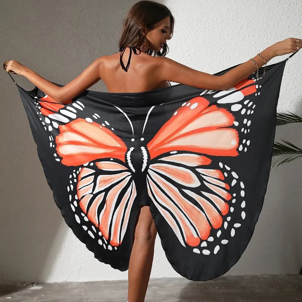 Wrap Design Butterfly Swimsuit Cover Up Lightweight Fabric Butterfly Print Lightweight Sarong Midi Length Flowy