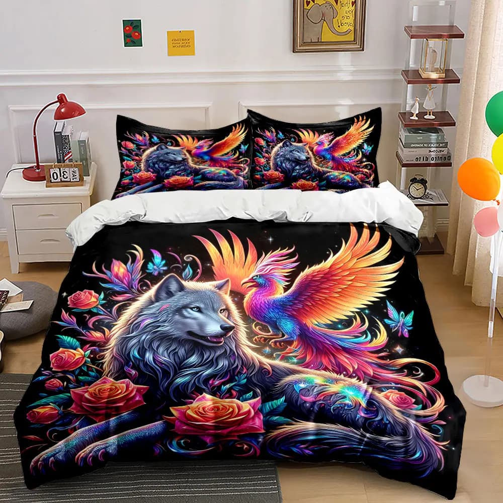 Set di biancheria da letto con lupo e fenice, 3 pezzi, copripiumino con stampa mitologica vivace + 2 federe, decorazioni con animali fantastici