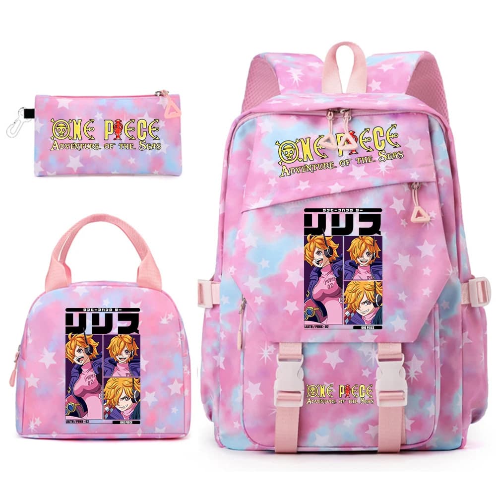 Zaino scolastico con stampa One Piece Lilith per ragazze con borsa per il pranzo e astuccio per matite, zaino leggero e resistente per bambini