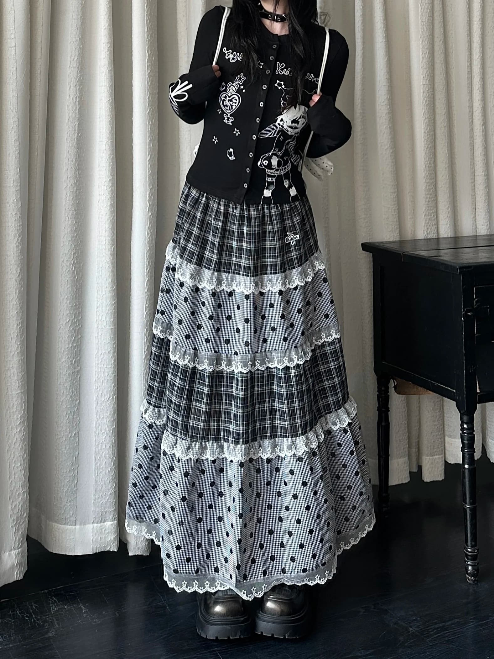 Spring Curly Girl Lace Polka Dot Plaid Splice High Waist Midi Skirt Women's Cake Skirt Vintage Cute Polyester G1026
