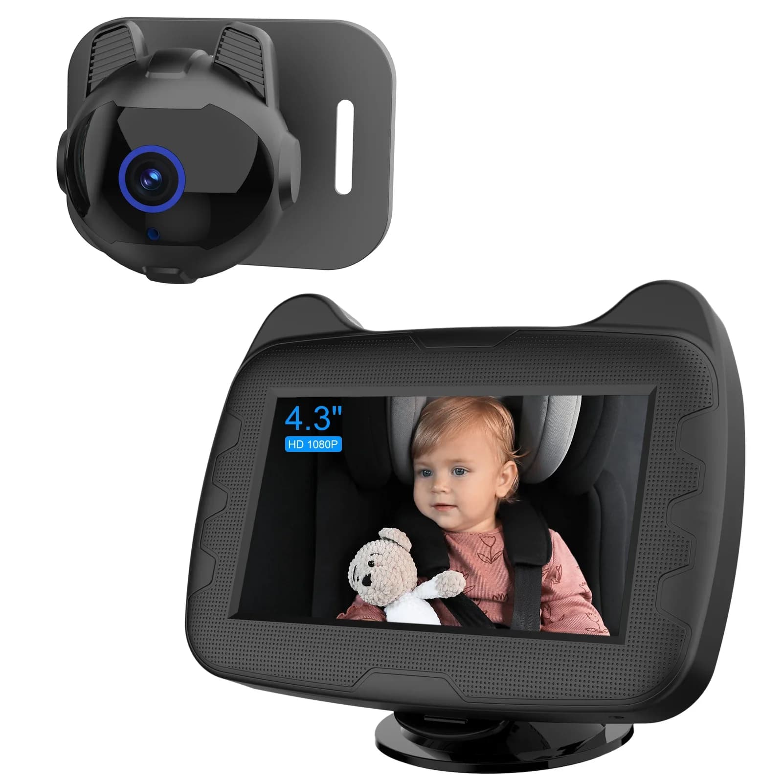Monitor per Bambini Auto 1080P con Telecamera per Seggiolino Auto, Visione Notturna IR-CUT, Display da 4,3 Pollici, Ampia Visuale Cristallina, Specchietto per Auto