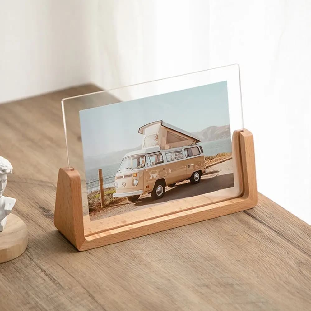 Office Decor Acrylic Photo Frame Transparent Walnut/Beech Wood Pictures Frame U Shape Creative Photo Protection