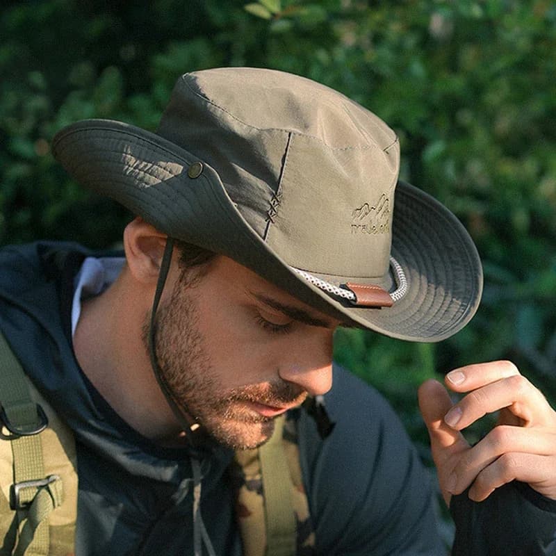 Men's Embroidered Letter Embroidery Hat Leather Hat Waterproof Cowboy Outdoor Hiking Fishing Cap Lightweight 8cm Tent Anti-uv Sun Hat