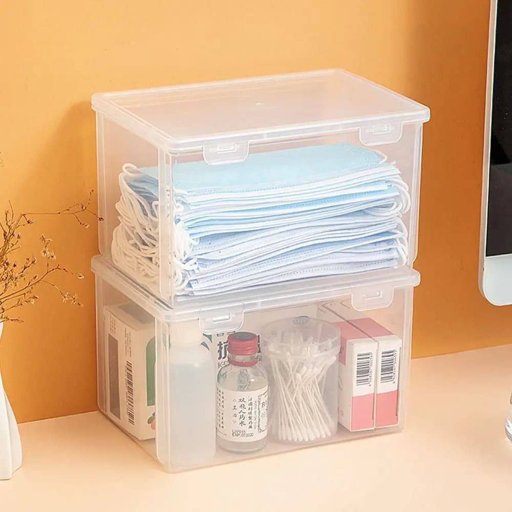 Scatola portaoggetti per maschere ispessita da 1 pezzo, trasparente, portatile, con coperchio a ribalta, piccola/grande, in plastica, per medicinali, pillole, gioielli, orecchini, cosmetici