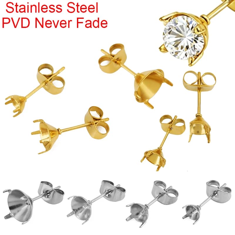 20 pz. Base per Orecchini in Acciaio Inossidabile PVD Inossidabile con Zirconia da 5, 6, 8 mm e Chiusura per Orecchini per Creazione Gioielli