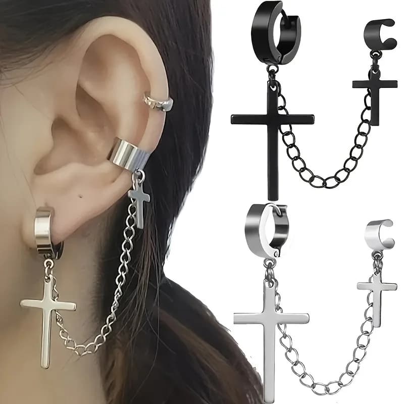 EVISPOL Gothic 2 Punk Cross Tassel Fake Earrings Cuff Clip On Metal Chain Earrings Hip-hop No Piercing Earring Jewelry