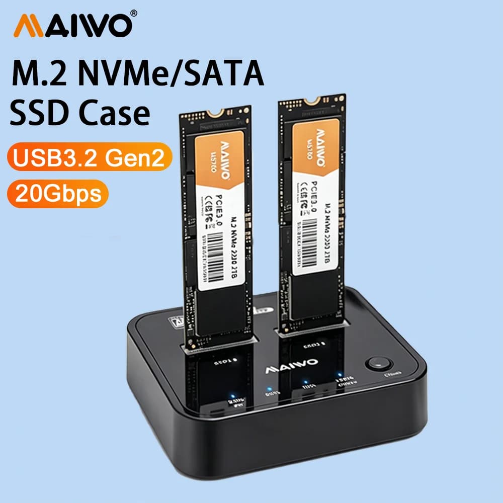 MAIWO Dual Bay M.2 NVMe SATA SSD Enclosure 20Gbps Offline Clone Docking Station USB3.2 C Gen2 M2 Hard Drive Copy External Case