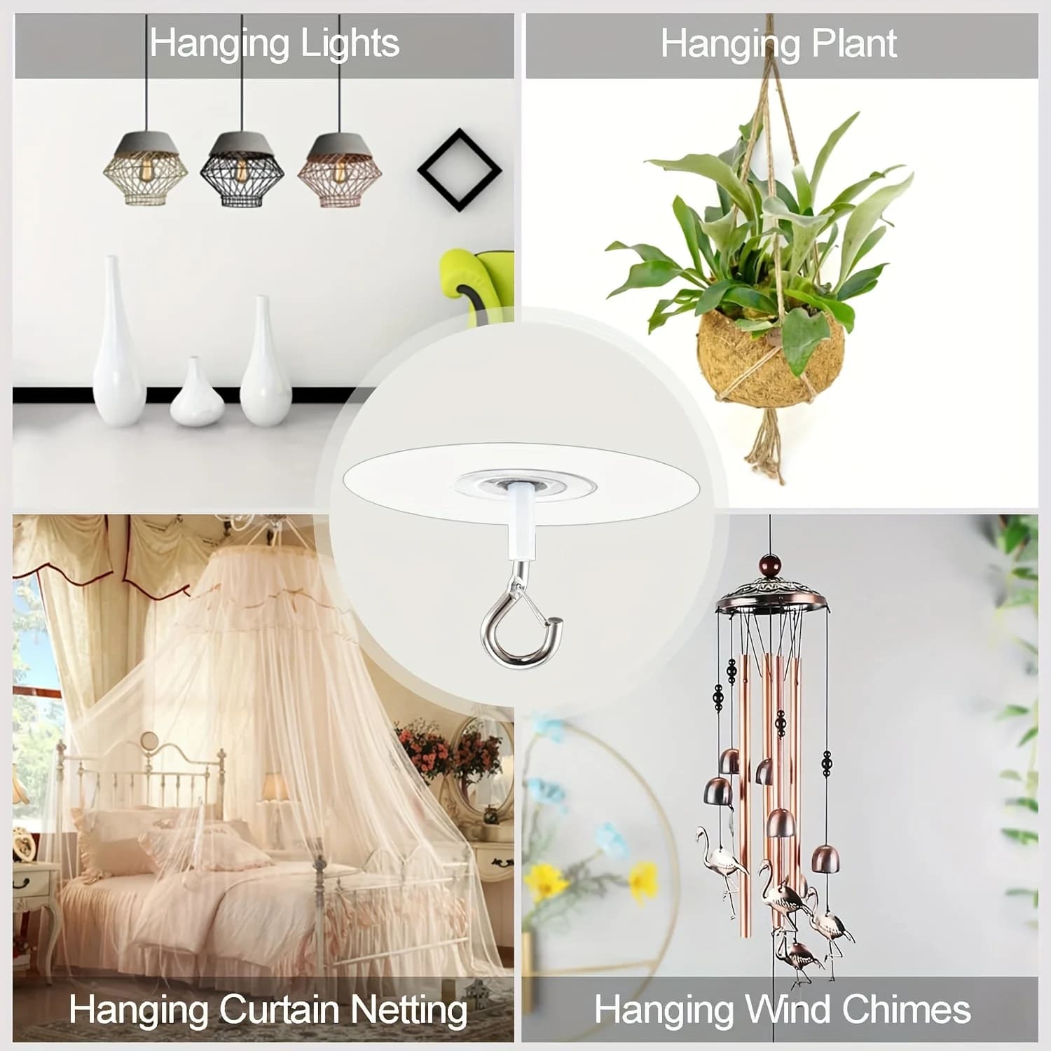 Ganci da soffitto impermeabili non porosi, ganci adesivi autoadesivi resistenti, installazione senza foratura senza danneggiare le pareti, perfetti per appendere lampade, piante in vaso, tende, ornamenti e per l'organizzazione domestica quotidiana.