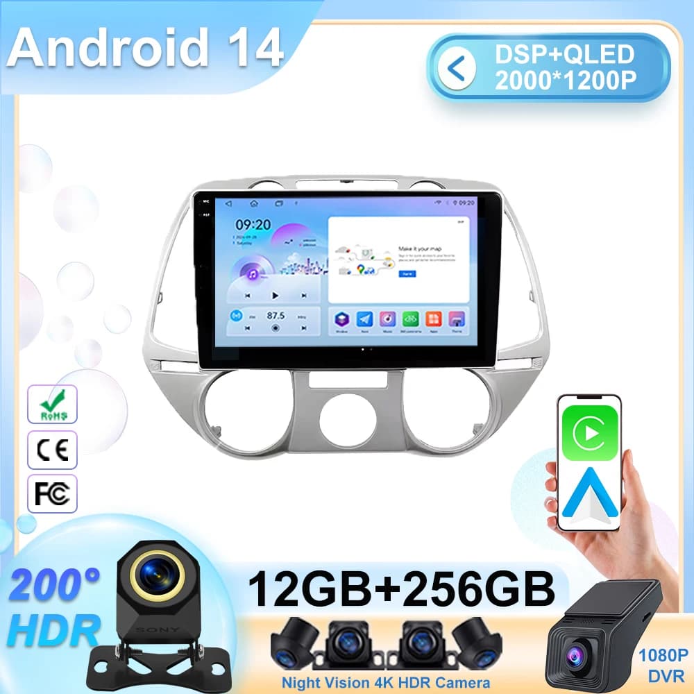 Android Auto Autoradio Multimediale Per Hyundai I20 2008 - 2012 Navigazione GPS WIFI 2Din BT Carplay Stereo dvd Player dvd Dash cam