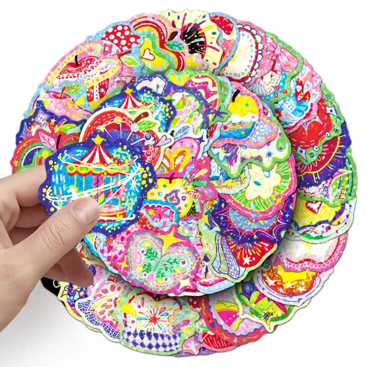 50Pcs Holographic Iridescent Apple Themed Graffiti Sticker Pack, No Residue DIY Decals for Water Bottle Journal Helmet