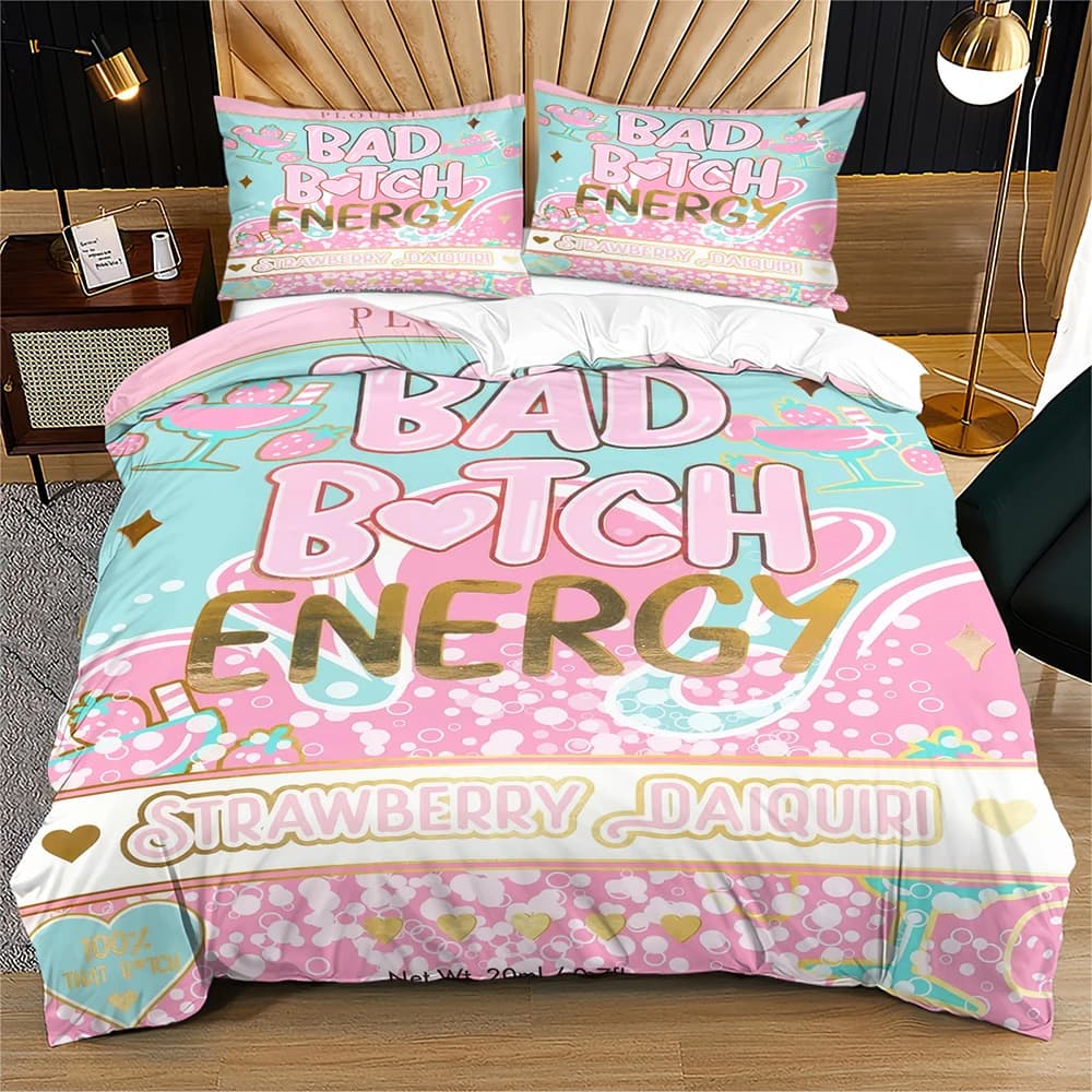 Pink Mint Bad Btch Energy Duvet Cover Set Strawberry Cocktail Print Bedding Set Cute Sweet Fashion Aesthetic Duvet Cover Set