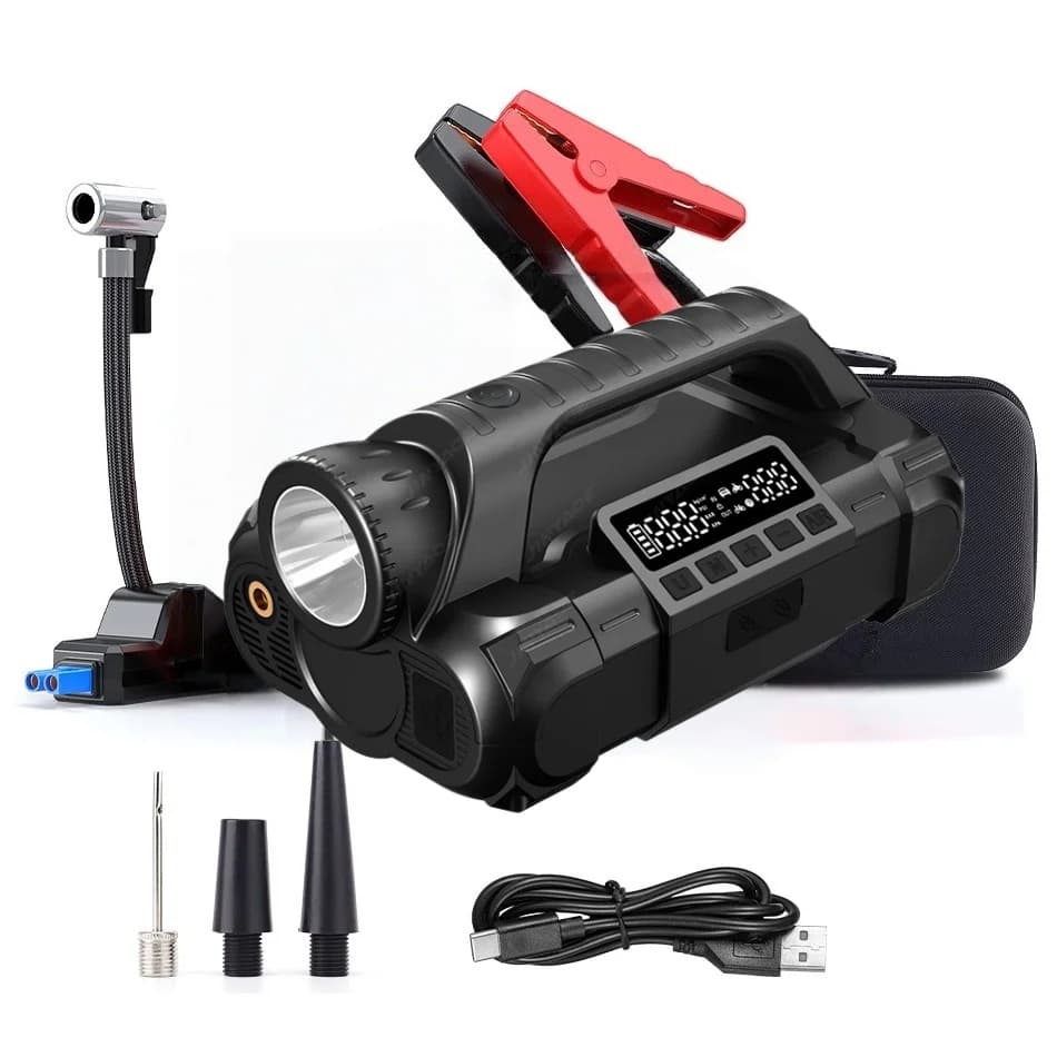Avviatore di Emergenza Multifunzione PD140W 24000mAh 4000A/8000A per Auto e Camion con Gonfiatore Pneumatici, Pompa ad Aria e Luce da Lavoro Grande