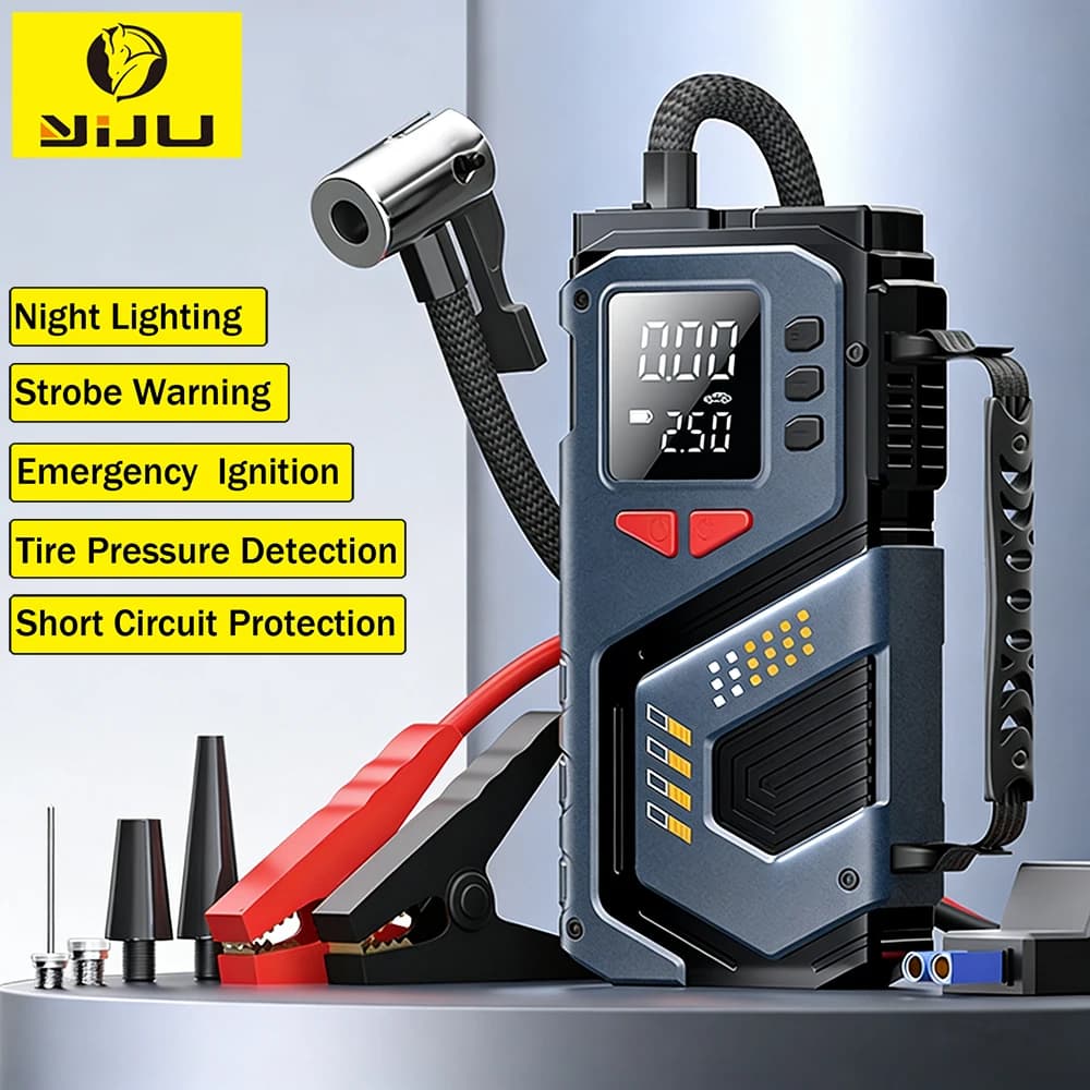 Avviatore di emergenza per auto YIJU e gonfiatore d'aria da 10,2 bar, riempimento rapido -40 ° C-80 ° Batteria da lavoro a bassa temperatura C con caricatore portatile per monitoraggio pneumatici