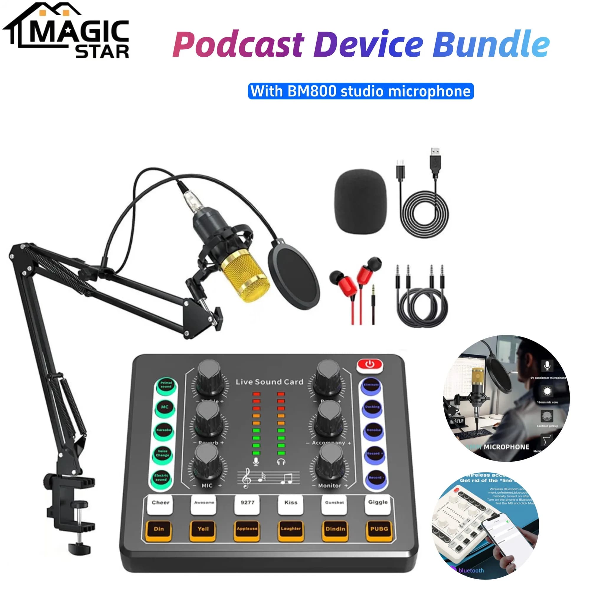 Set attrezzatura podcast, interfaccia audio, con microfono a condensatore BM-800, mixer DJ, set microfono podcast per podcast, streaming