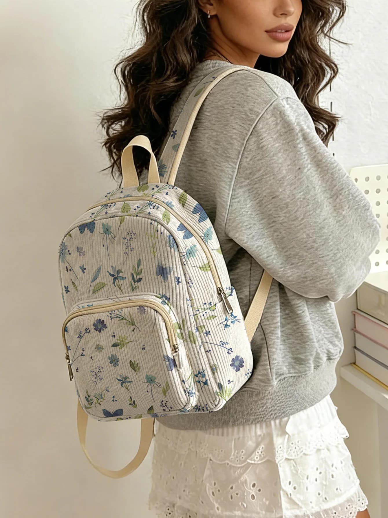 Blue Floral Print Allover Women Fashion Backpack Corduroy Multi-pocket Large Capacity Commuter Bag