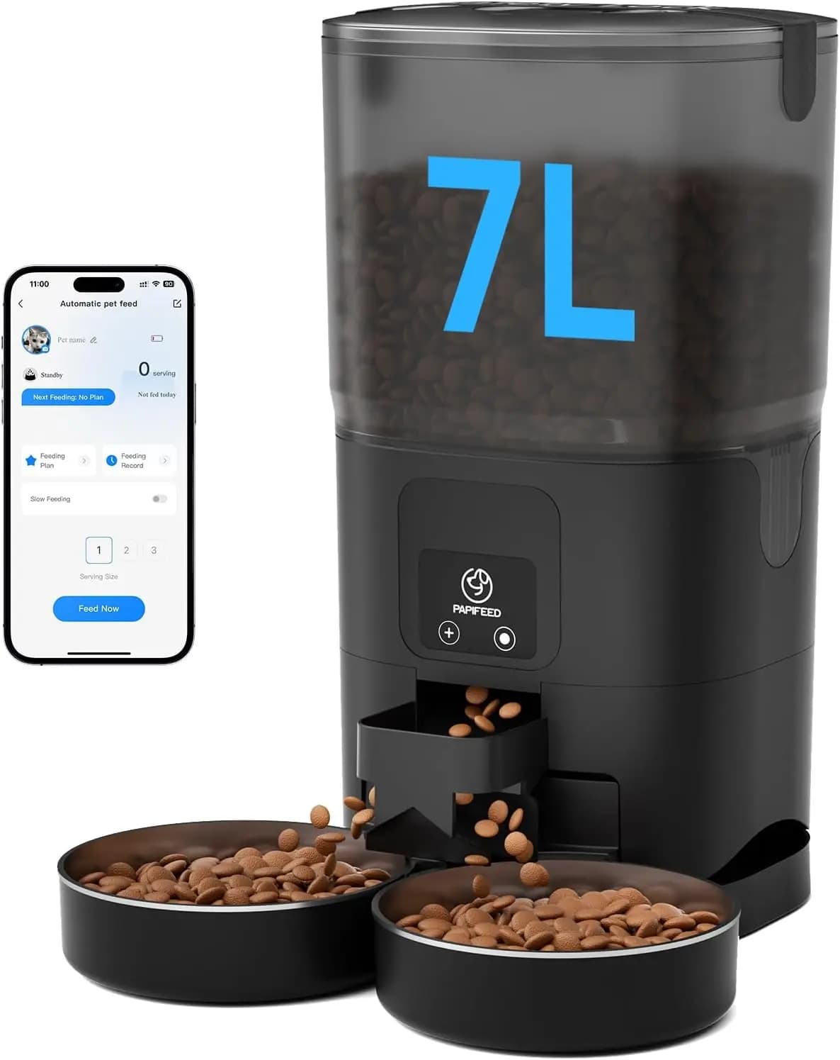 Distributore Automatico di Cibo per Gatti WiFi per 2 Gatti, 7L, Controllo Tramite App, 10 Pasti/Giorno, Doppia Ciotola, Dispenser per Cibo Secco, Nero