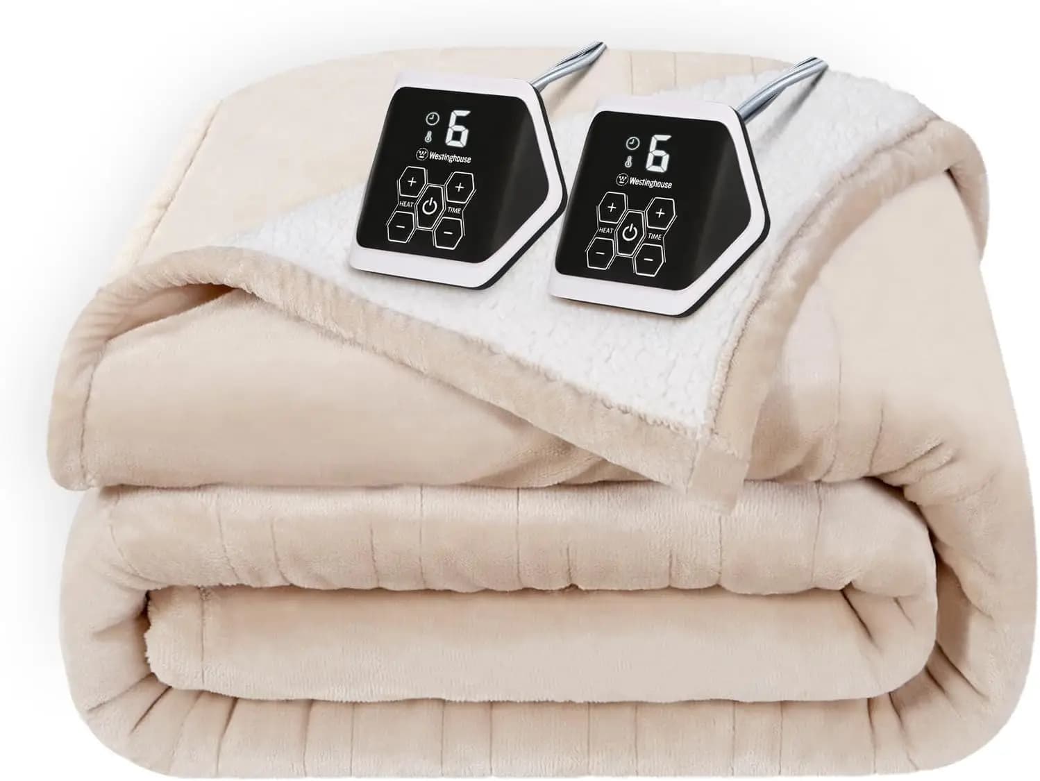 Coperta Elettrica Riscaldata Misura Queen - Morbida in Flanella e Sherpa, 10 Livelli di Calore, Spegnimento Automatico, Lavabile, Beige